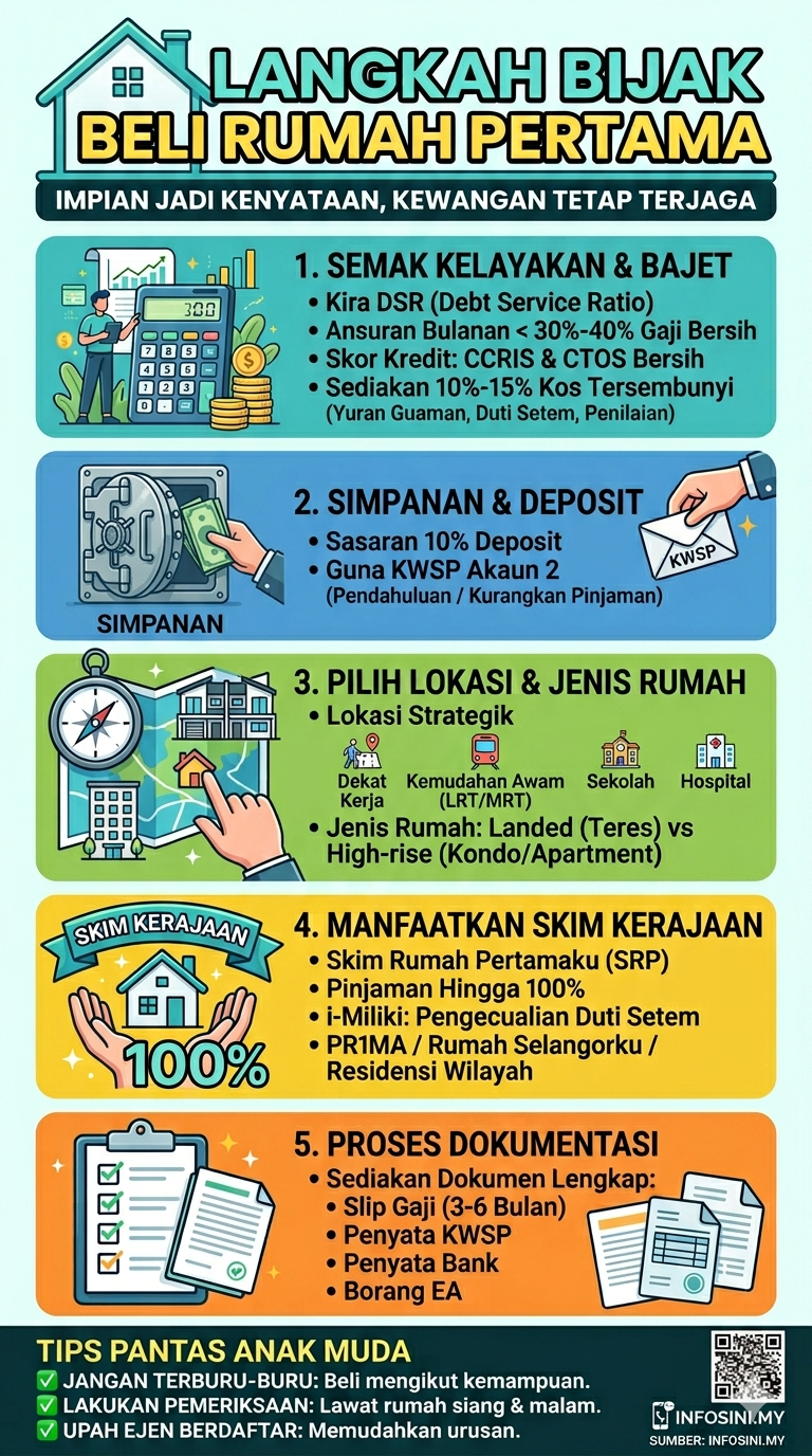 Infografik Panduan Cara Beli Rumah Pertama Malaysia 2026 — Langkah lengkap pembelian rumah pertama untuk pembeli baharu oleh infosini.my