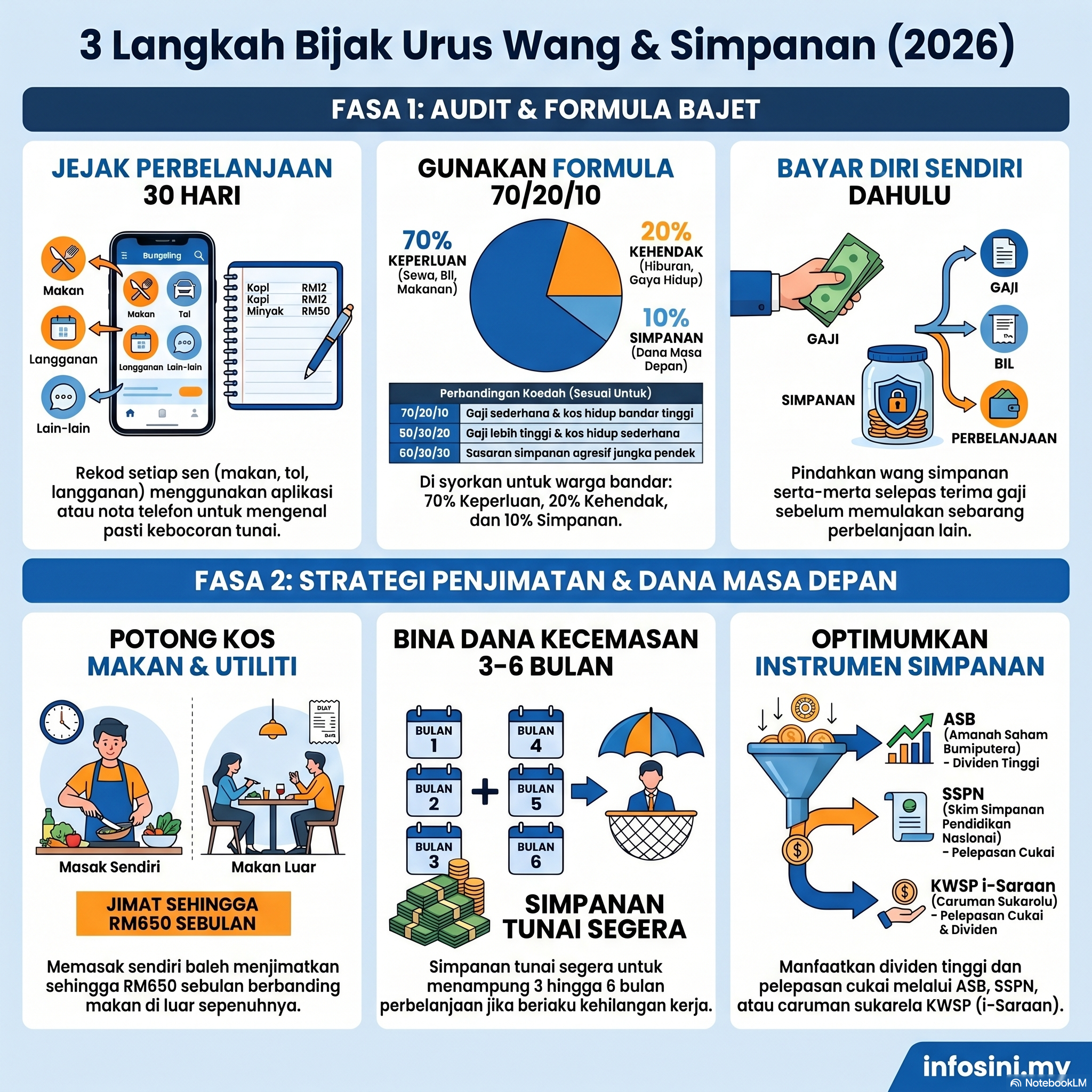 Infografik Cara Jimat Duit Malaysia 2026 — Tips dan strategi berkesan untuk berjimat cermat dalam kehidupan harian oleh infosini.my