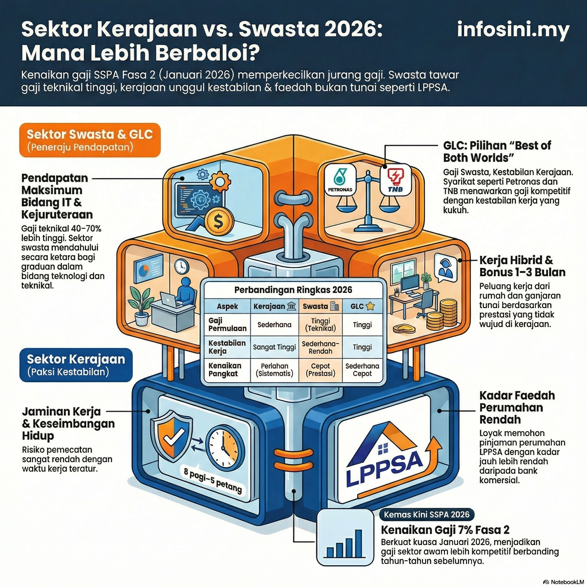 Infografik Perbandingan Kerja Swasta vs Kerajaan Malaysia — Kelebihan dan kekurangan setiap sektor oleh infosini.my